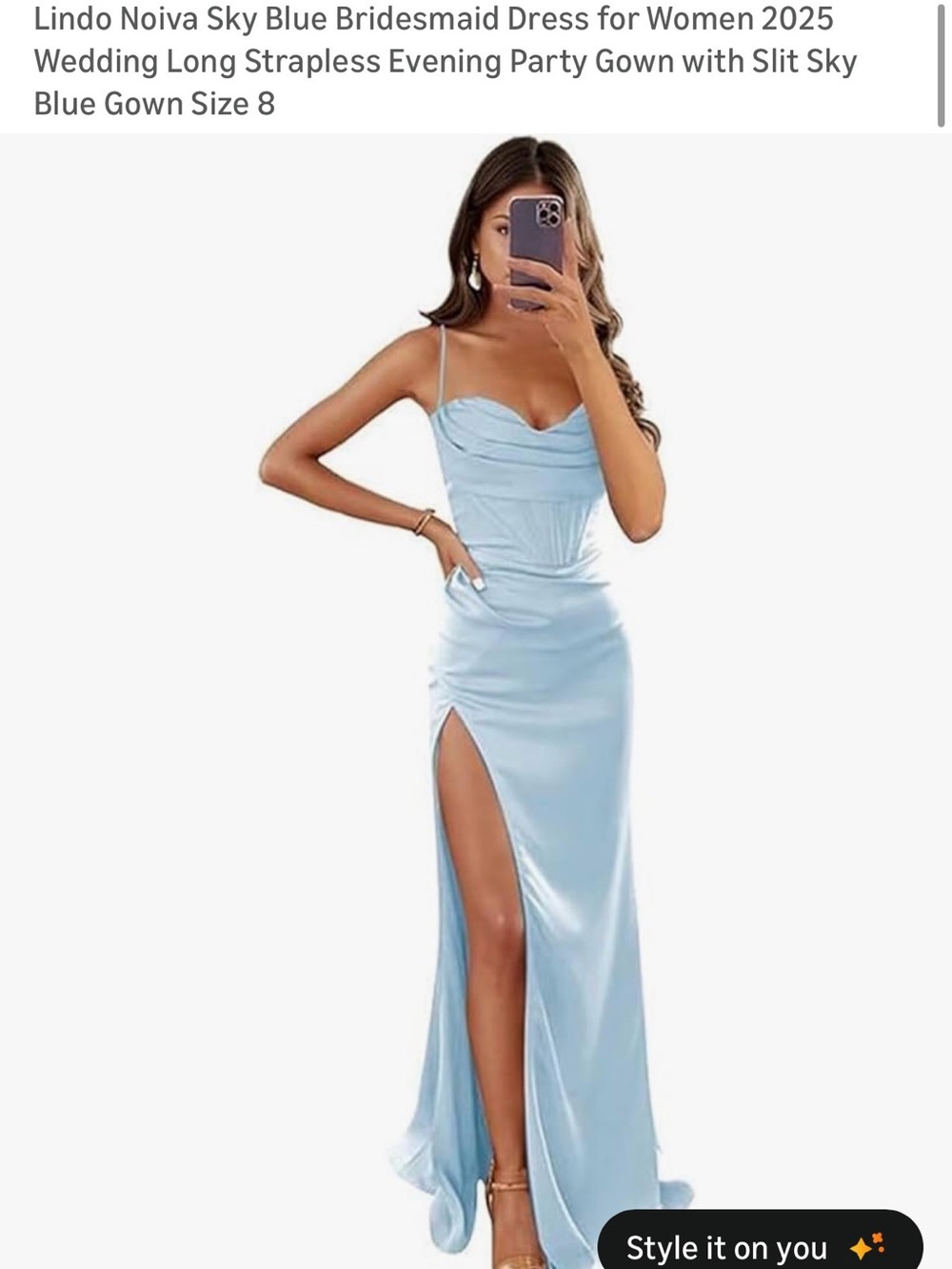 Amazon Light Blue Strapless Evening Gown with Side Slit